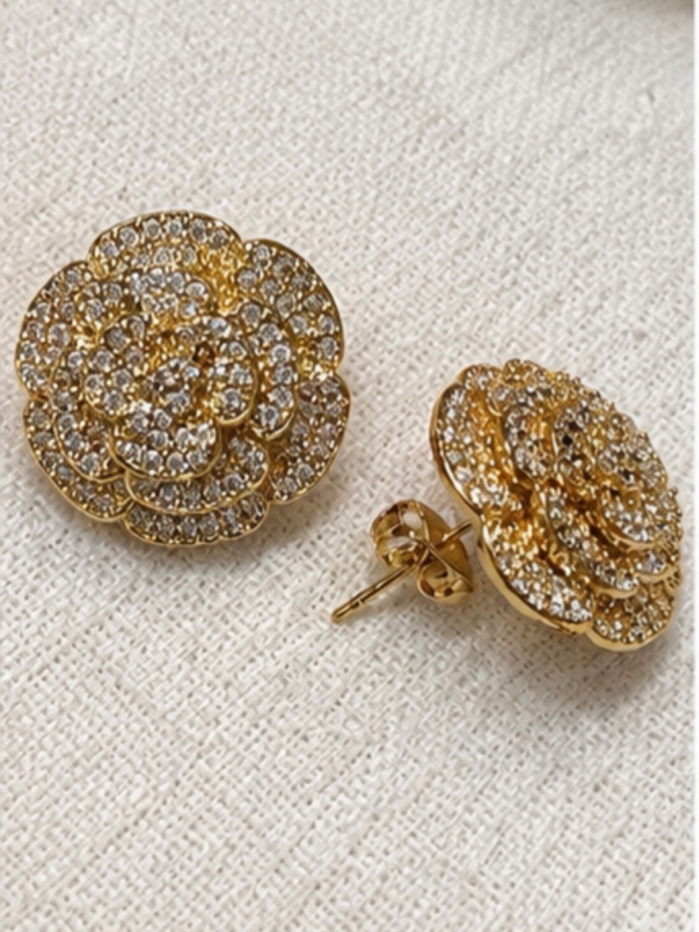 Gold Crystal Floral Stud Earrings - Women Jewelry
